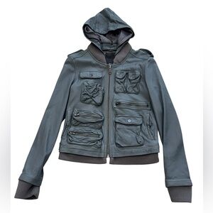 SAAM***Stylish Gray Hooded 100% Leather Biker Jacket***Small NEW